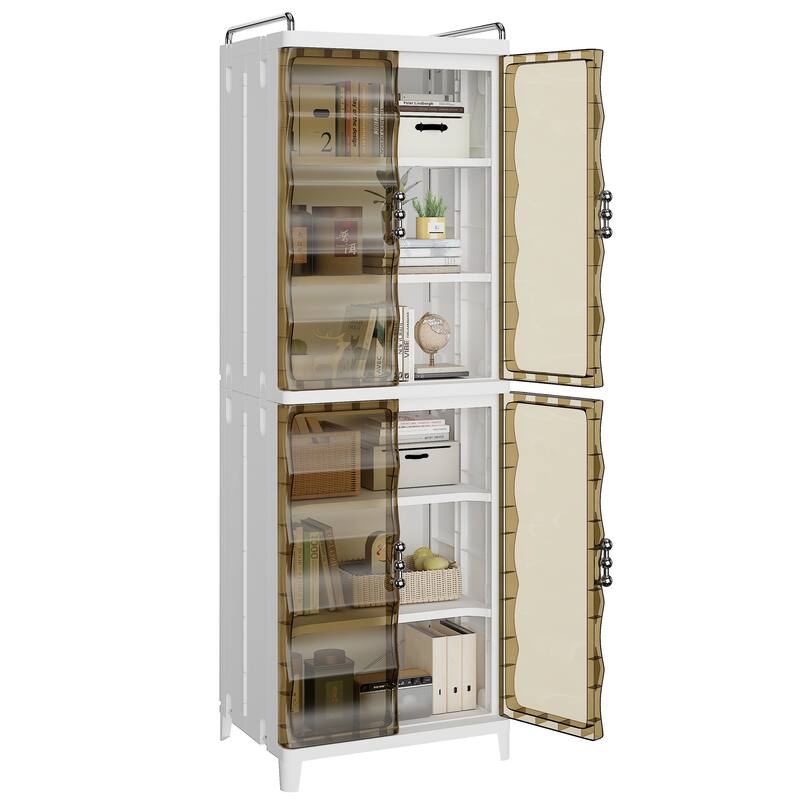 VECELO 2/3-Tier Plastic Storage Cabinet with Transparent Tea-Colored Doors Quick No-Tools Assembly Multi-Purpose Organization
