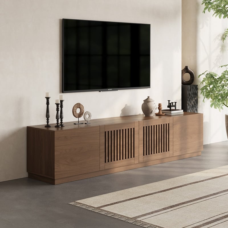 78" Mid Century Modern TV Stands, Brown Wood Texture, Wood Midea Console with 4 Cabinets