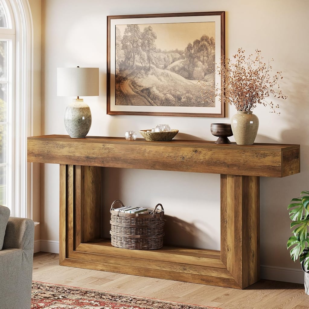 63" Narrow Console Table, 2-Tier Long Entryway Table with Framed Base - 63" L x 11.8" W x 32.3" H