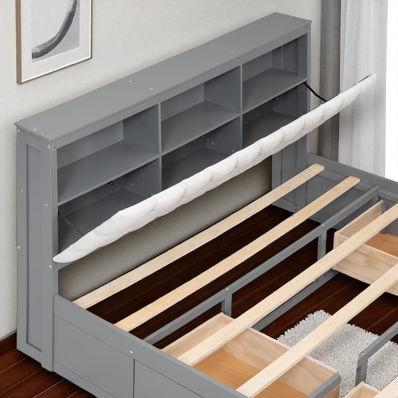 Queen Size Wooden Platform Bed with Upholstered Headboard, 4 Drawers, Storage Shelves & Shoe Rack