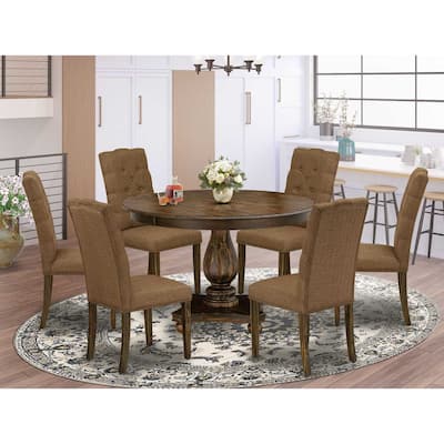 HomeStock 7-Piece Distressed Jacobean Finish Solid Wood Top Dining Table with 6 Parson Chairs