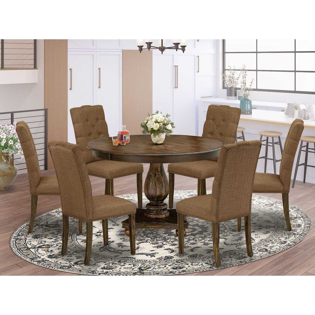 HomeStock 7-Piece Distressed Jacobean Finish Solid Wood Top Dining Table with 6 Parson Chairs