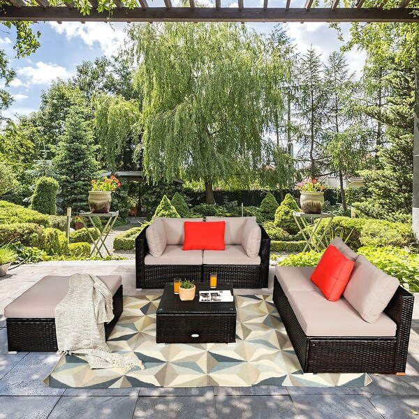 Costway 6pcs Outdoor Patio Rattan Furniture Set Cushioned Sectional Brown