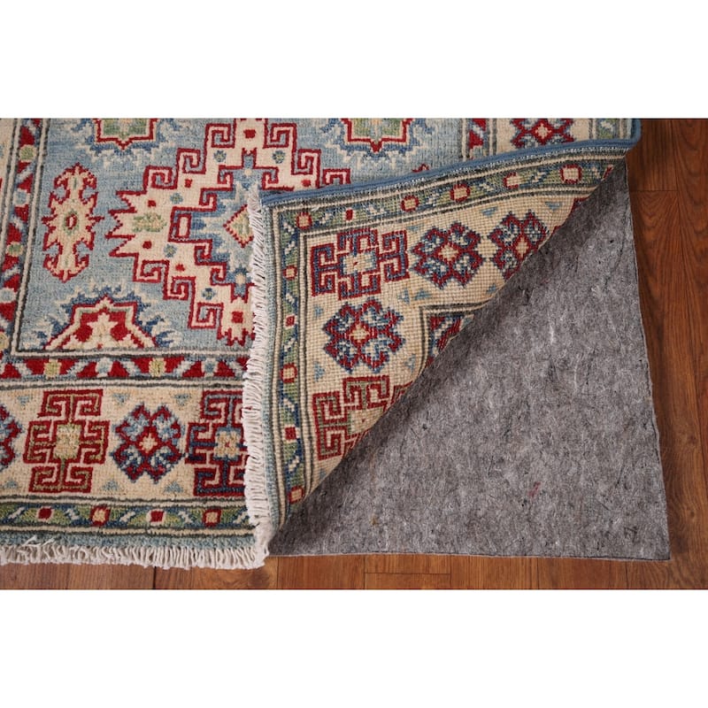Light Blue Kazak Runner Rug Handmade Geometric Wool Carpet - 2'9" x 16'2"
