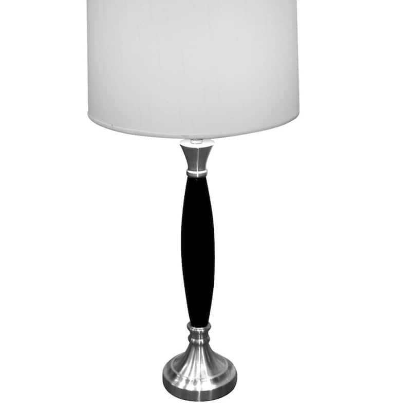 30" Tall Wood and Chrome Table Lamp, White Linen Shade