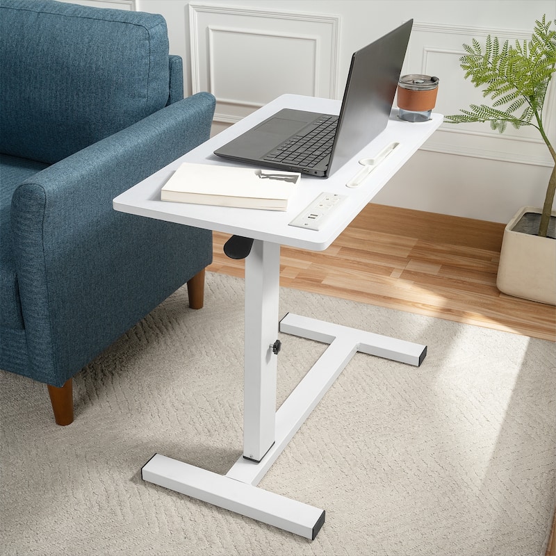 Height-Adjustable Overbed Table with Hidden Casters, Portable Bedside Desk with Tray, Pen Holder, USB & C-Type Ports - White,White