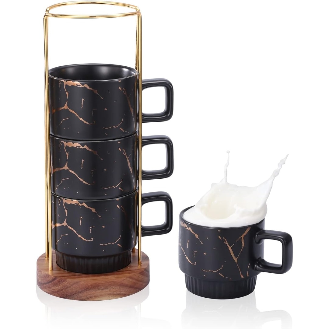 Large Stackable Coffee Mug Set with Rack and Wooden Base