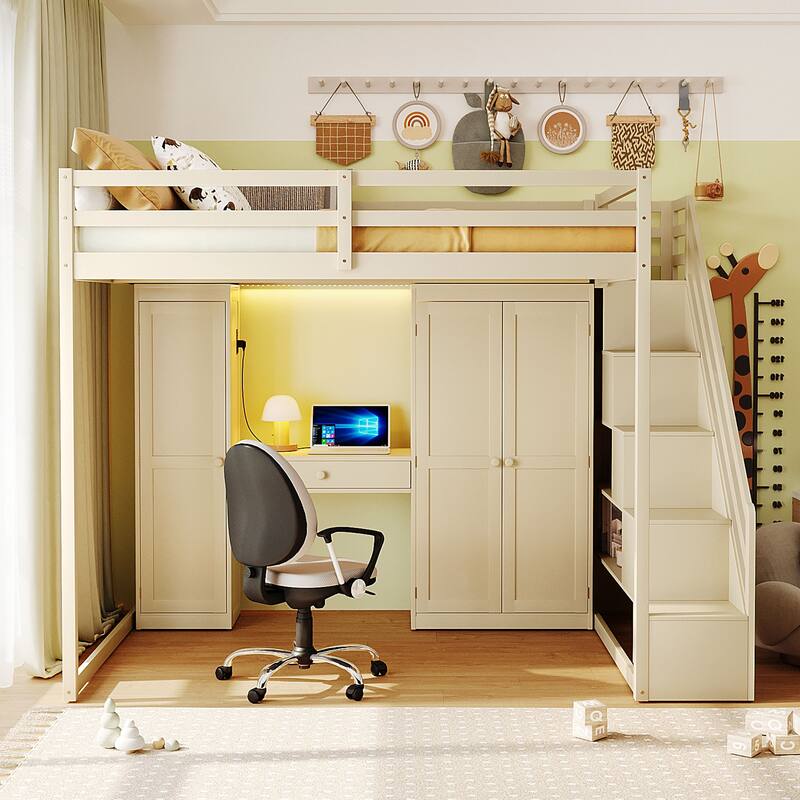 Full Size Loft Bed with Storage Staircase, Built-In Dressing Table, USB Ports & Lights by Harper&Bright Designs