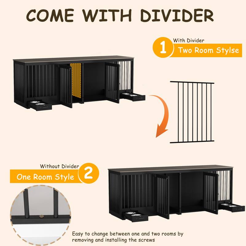 Dog Kennel with Bowls Drawers Divider Dog Crate for 1 Dog or 2 Dogs