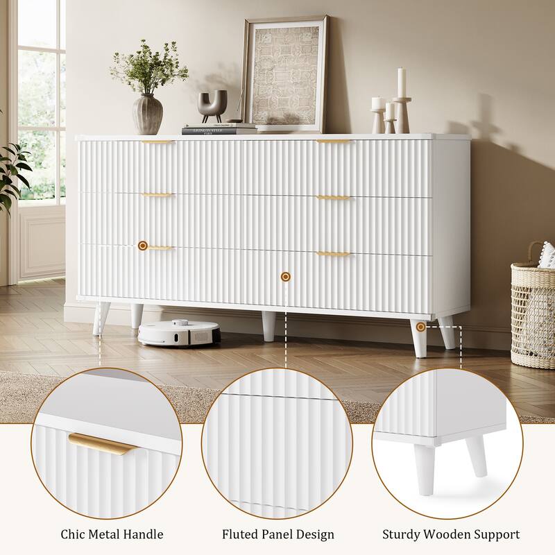 6 Drawer Dresser for Bedroom, 53" Wide Boho Fluted Dresser