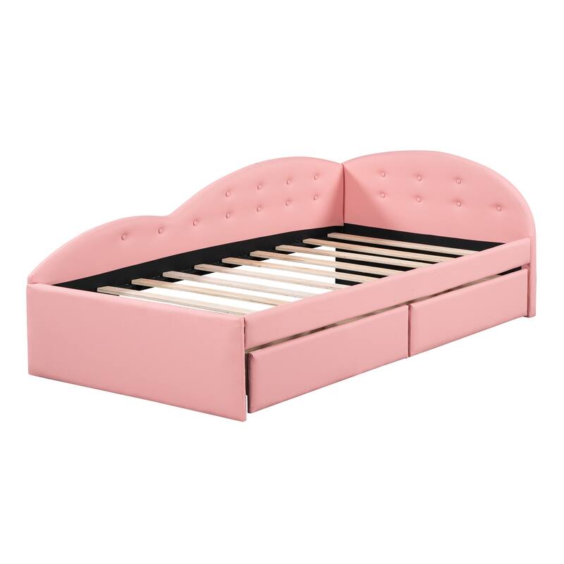 Pink Twin Size PU Upholstered Tufted Daybed w/ 2 Drawers & Cloud Shaped