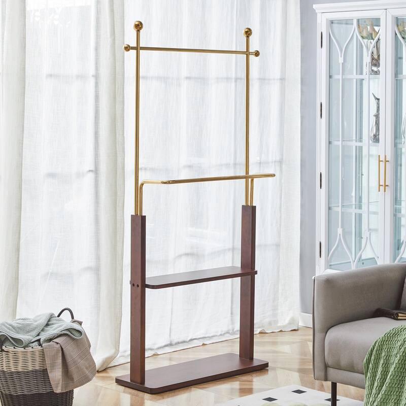 Stainless Steel Hanger, Walnut Colored Solid Wood Double-Layer Coat Rack, 68.9 Inches High Design With Solid Wood Partition
