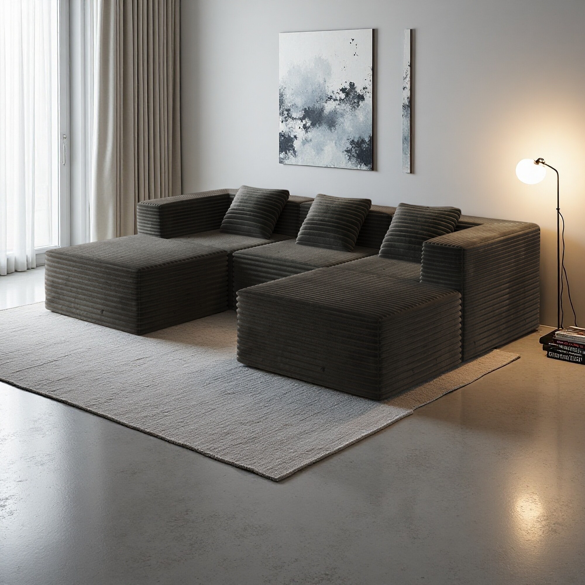 106" Corduroy Modular 3-Seater Sectional Sofa with 2 Ottomans, No Assembly