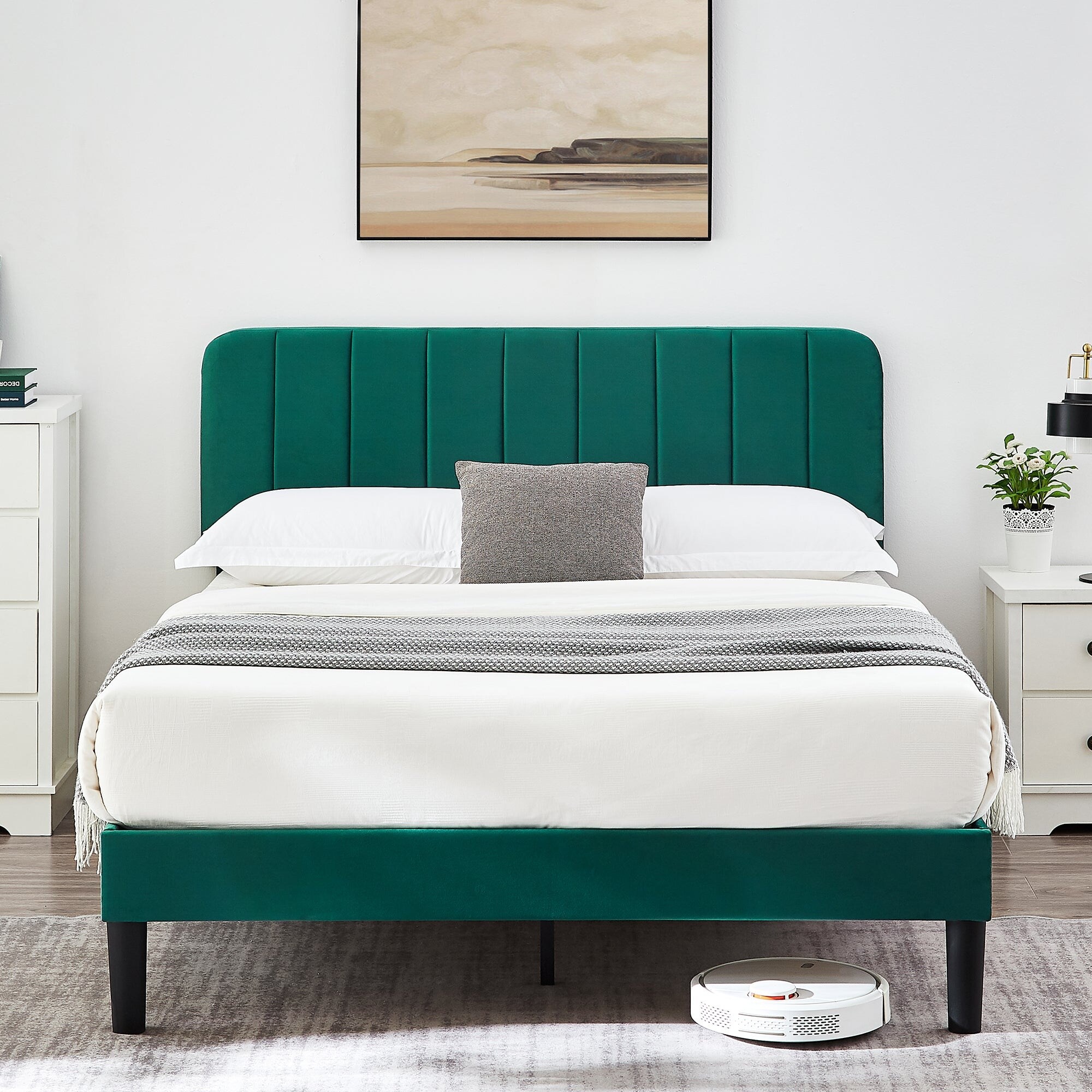 Dark green upholstered bed deals