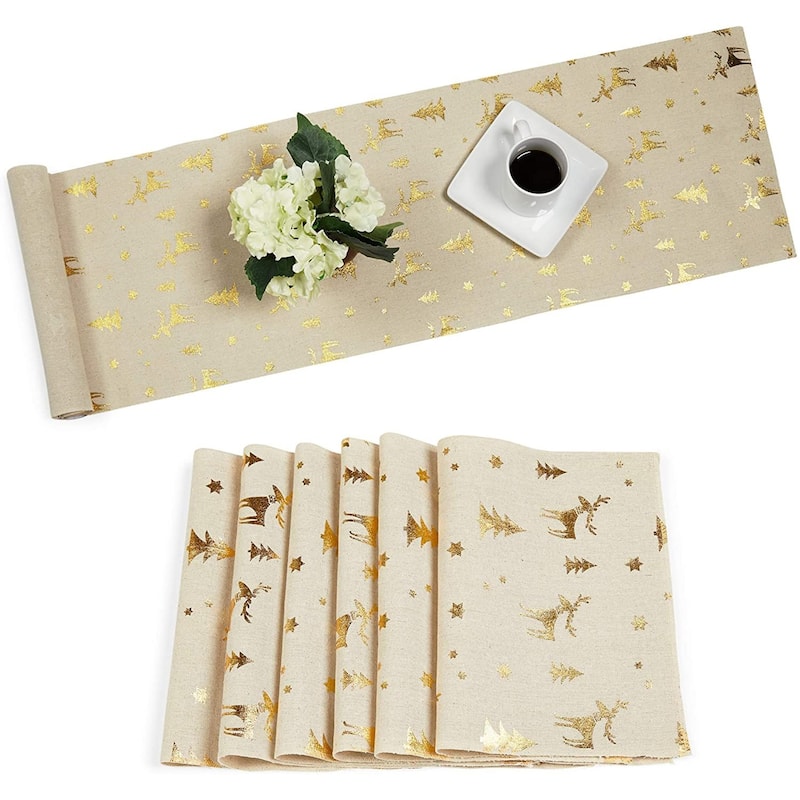 Juvale Christmas Gold Foil Dining Table Runner And Placemats, Set Of 6 