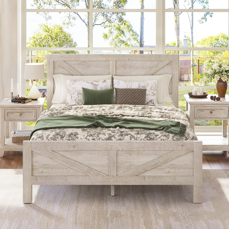 Modern Bedroom Furniture King/Queen Size Solid Wood Platform Bed,Platform Bed Frame With Wooden Headboard,No Box Spring Needed - Queen - Old wood white/Queen