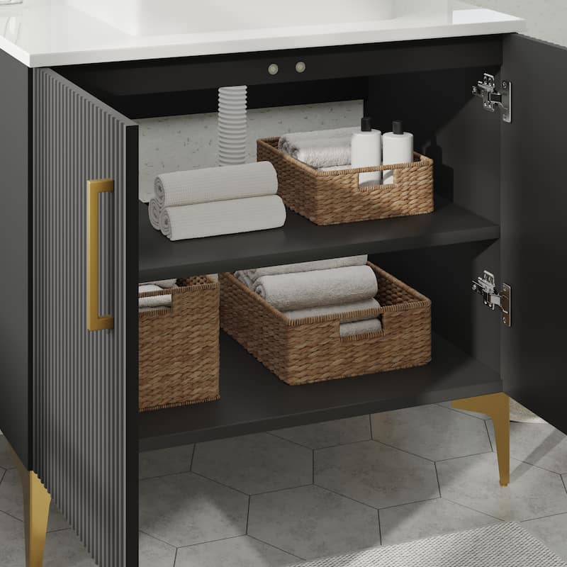 Freestanding Bathroom Vanity with White Stone Top Soft Close Doors and Gold Accents