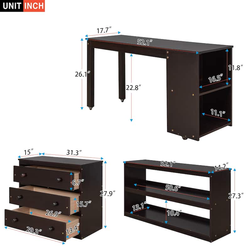 Twin/Full Size Low Loft Bed with Cabinet and Mobile Desk, Space-Saving Design