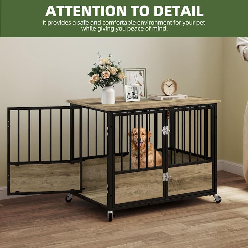 38"/43" Dog Crate Furniture Cage Table with Wheels And Double Doors