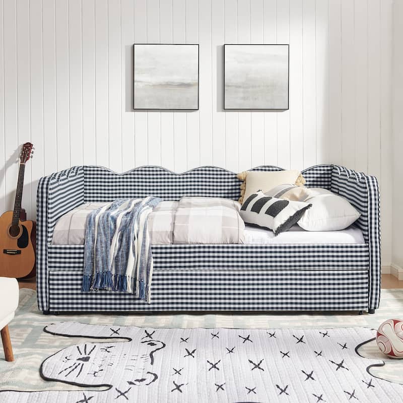 Full Size Gingham Daybed with Twin Trundle, USB Port, Wave Shaped Design & Linen Fabric - No Box Spring Needed