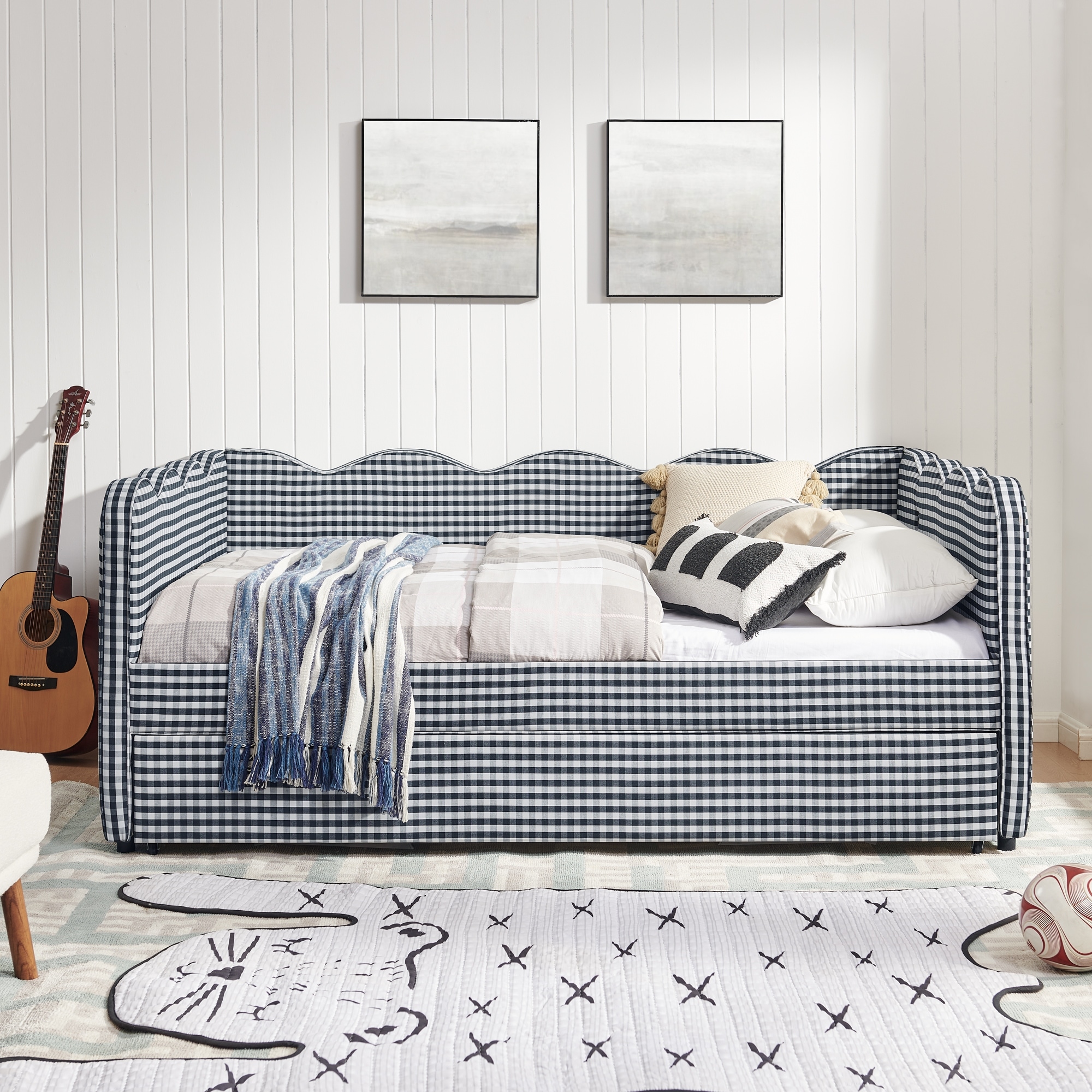 Upholstery Daybed Full Size Sofa Bed with Twin Size Trundle and Charging Ports, Linen Fabric Plaid Pattern and Wavy Silhouette