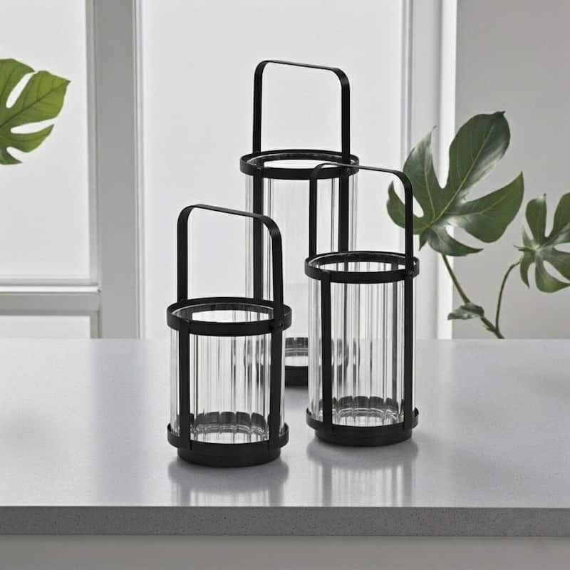 Vortial Fluted Glass Candle Lantern with Black Metal Frame