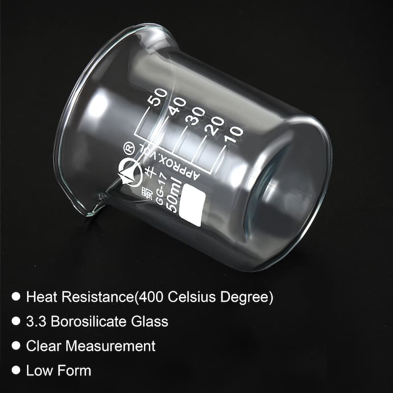 50ml Low Form Glass Beaker, 3.3 Borosilicate Lab Measuring Cups - Clear