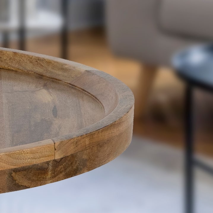 Round Mango Wood Coffee Table with Rimmed Bowl Top - 27.5" Wide Rustic Pedestal Base for Living Room