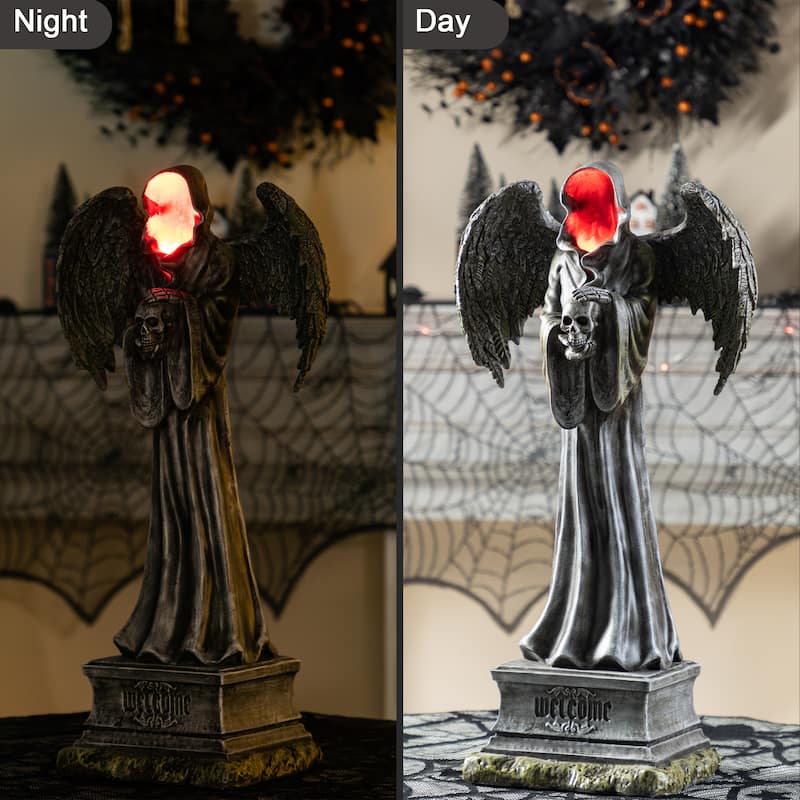 Glitzhome 24"H LED Halloween Indoor/Outdoor Grim Reaper Figurine Porch Decor Light-up Face with Timer
