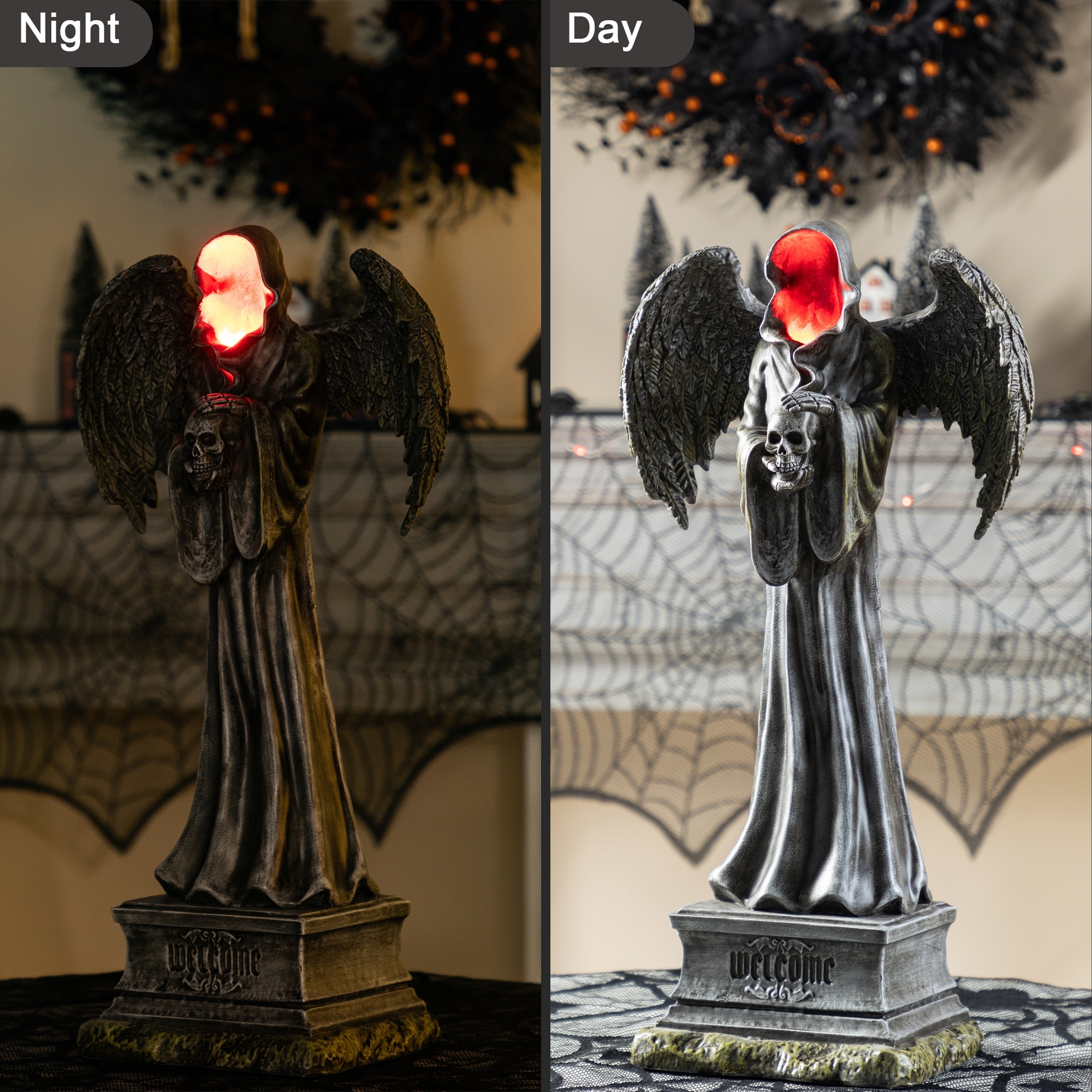 Glitzhome 24"H LED Halloween Indoor/Outdoor Grim Reaper Figurine Porch Decor Light-up Face with Timer