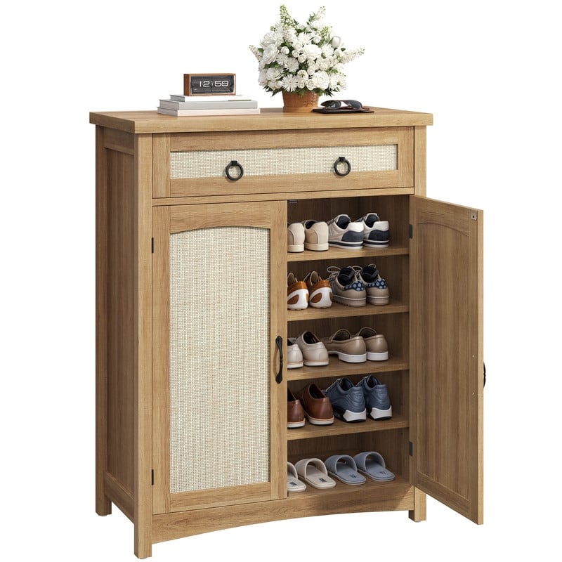 Moasis 5-tier 20 Pair Shoe Storage Cabinet with Double Doors for Entryway - Rattan w/Drawer
