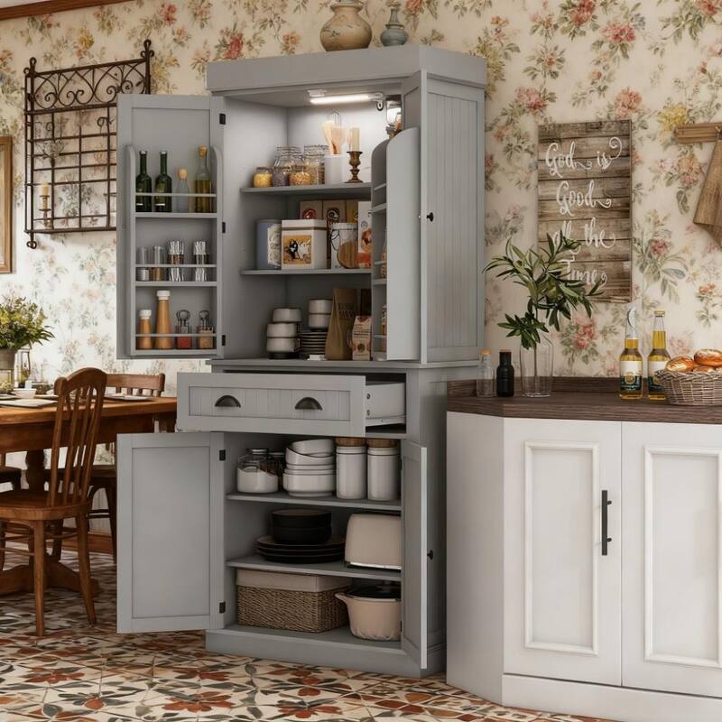 Nordic Style Kitchen Pantry with LED Lights, 6 Door Shelves, Drawer & 4 Adjustable Shelves - Grey