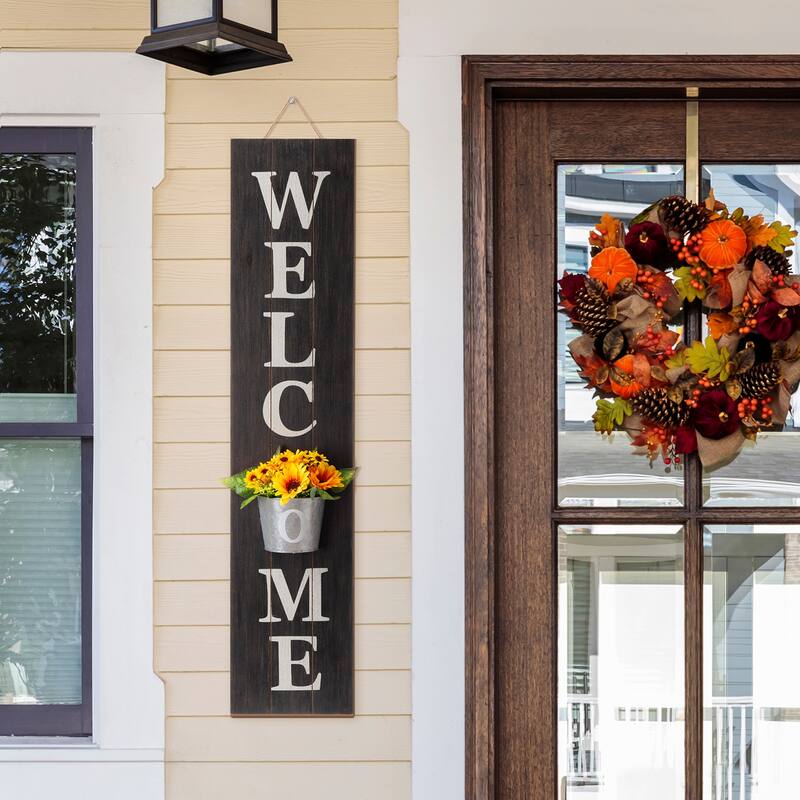 Glitzhome 42-inch Wooden Welcome Porch Sign Wall Decor with Metal Planter