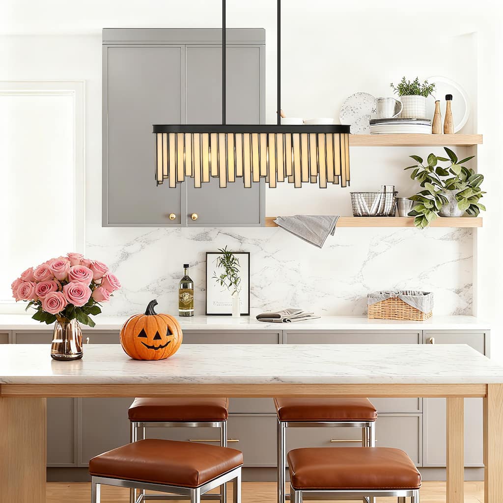 Tifany Modern Black 6-Light Glass Chandelier Pendant Light for Kitchen Island - 28.1''L x 9.2''W x 8.9''H