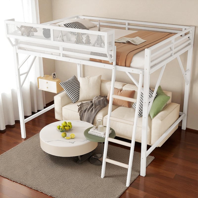 Full/Queen Size Metal Loft Bed with Storage Shelves, Guardrails, and Ladder, Space-Saving High Loft Bed for Kids and Teens