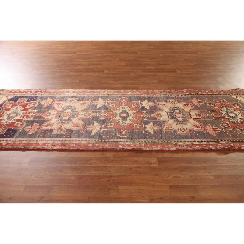 Geometric Ardebil Persian Vintage Runner Rug Hand-knotted Wool Carpet - 3'2"x 10'6"