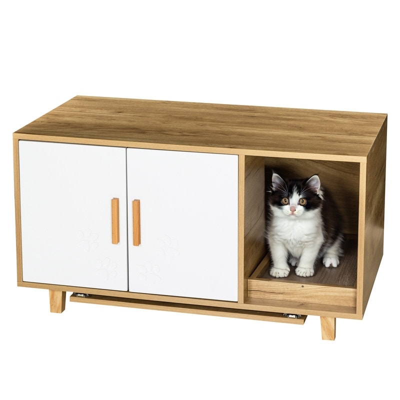 Hidden Cat Litter Box Furniture Cabinet with Cat Food Bowls and