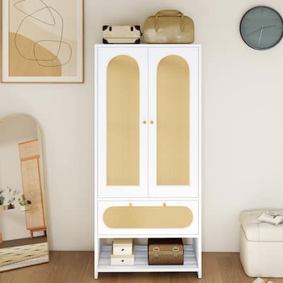70" Tall Wardrobe Armoires Closet Storage Rattan Style with Drawers & Hanging Rod