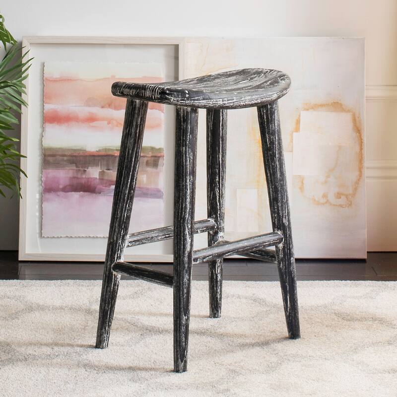SAFAVIEH Eulah 11-inch Wood Black / White Washed Counter Stool - 17.7" x 11" x 24.2" - 18Wx11Dx24H - Black/White Wash/Sungkai Wood