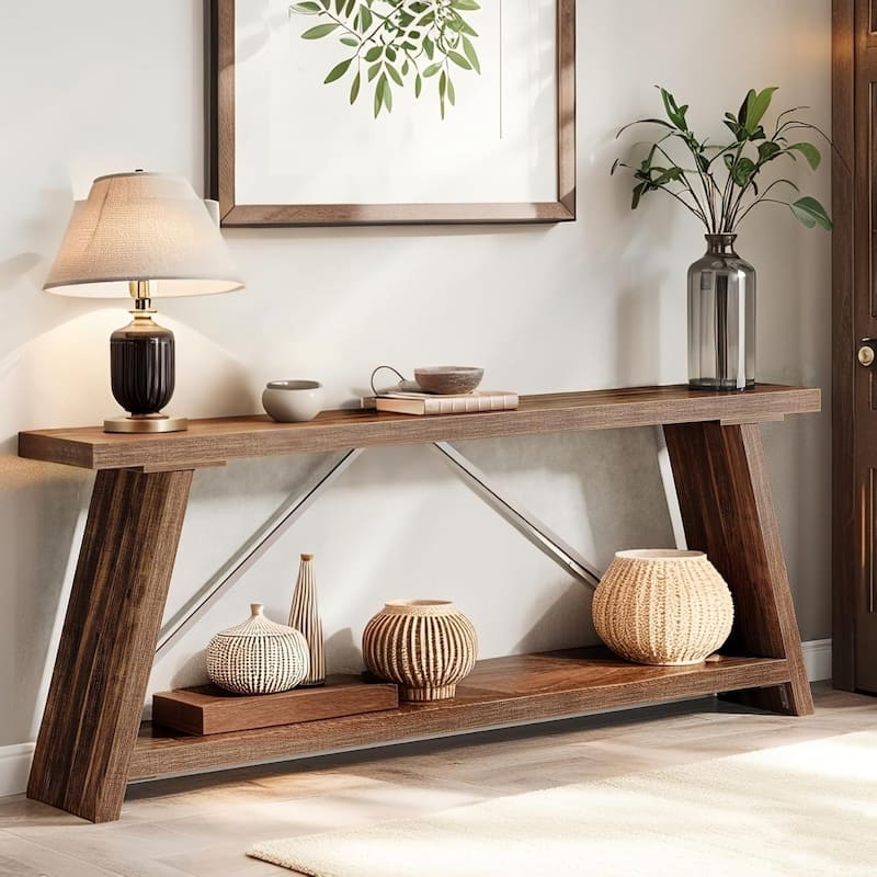 70.9" Extra Long Industrial Console Table Behind Couch with Storage Shelves for Living Room, Foyer - Dark Walnut