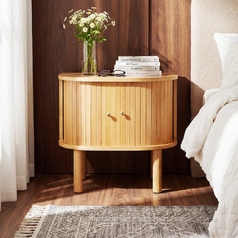 Christopher Knight Home - Farmhouse Solid Wood Semi-Cylindrical Nightstand with Sliding Slatted Doors - Natural
