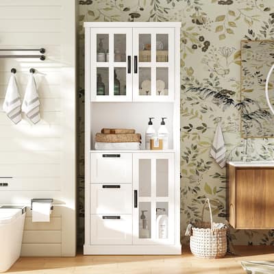 Modern Bathroom Cabinet Freestanding Storage Cabinet with Glass Doors & 3 Drawers