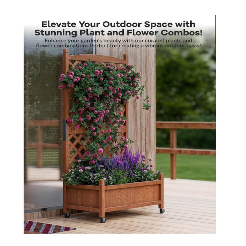 1-Pack 29.5 x 13 x 61.5 Inch Elevated Wooden Planter Box with Built-In Trellis Mobile Garden Bed