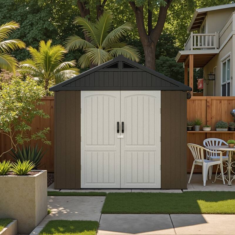 Patiowell 8' x 6' / 8' x 8' / 8' x 10 '/ 8' x 12' Plastic Outdoor Shed With Floor for Patio Furniture, Tools (Kick-It Shed)