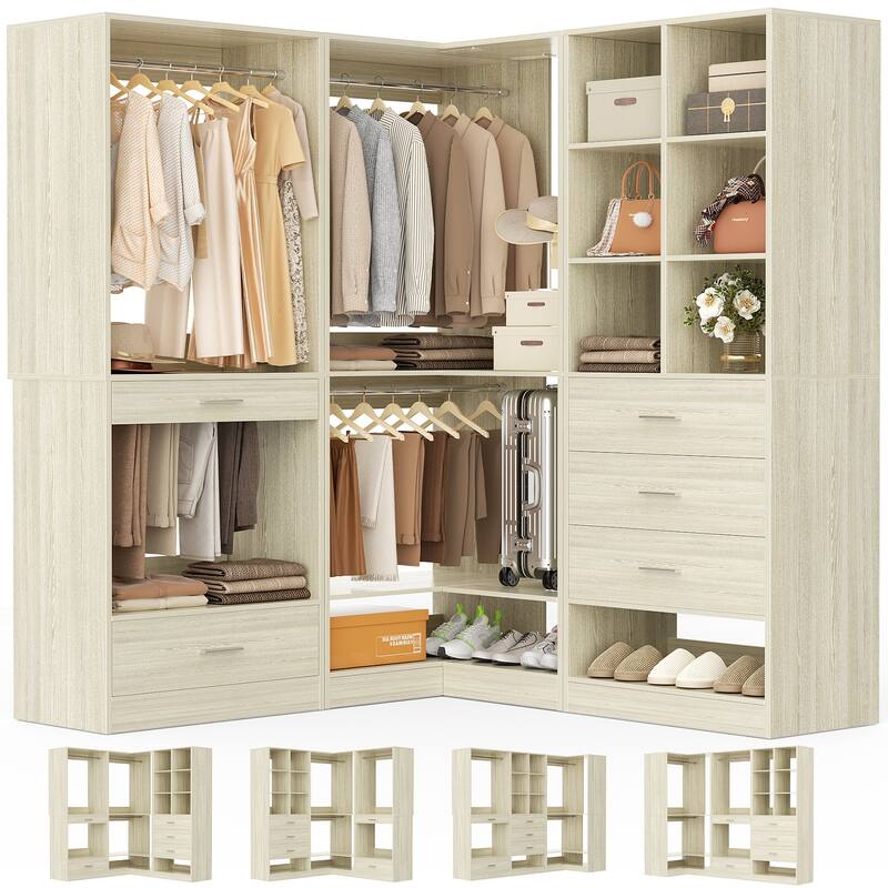Qvella Corner Closet System with 4 Wooden Drawers & Hanging Rods & Pants Rack, Walk-in Closet Organizer System with Shoe Storage