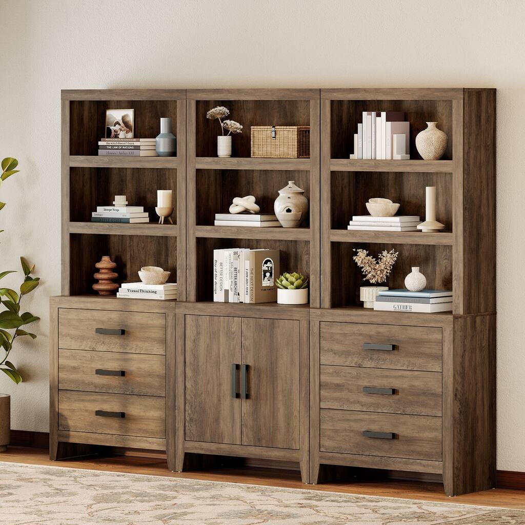 WAMPAT 74" 3-Piece Bookcase, Farmhouse Storage with Doors & Drawers