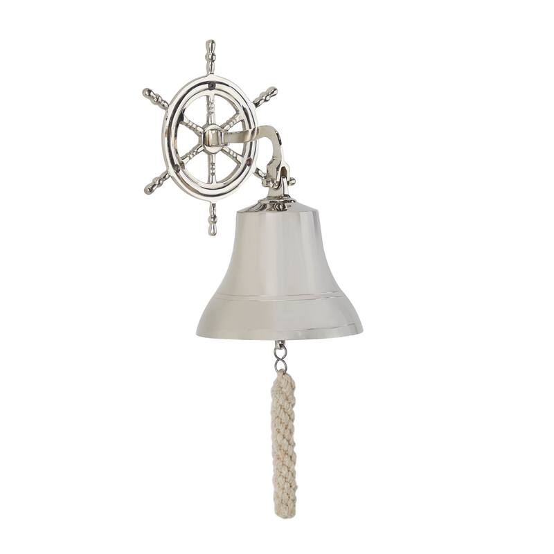 Brass Metal Indoor Outdoor Bell Wall Decor with Ship wheel Backing - Silver or Gold