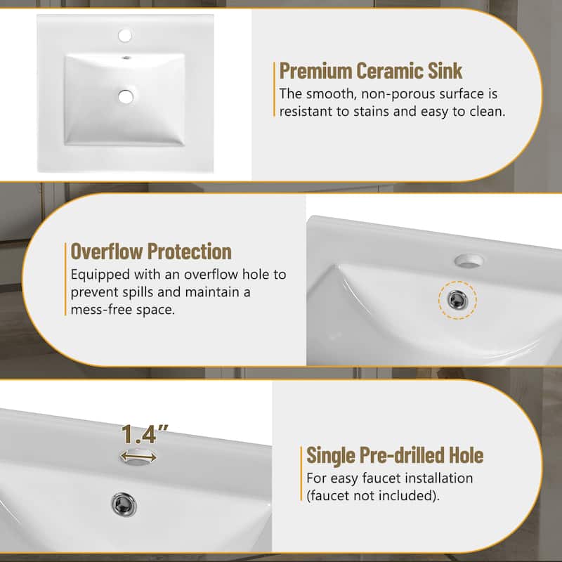 Freestanding 20" Bathroom Cabinet with Ceramic Basin, Undermount Sink, Door Rack & Faux Drawer Design