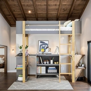 Stylish & Simple Twin Size Wood Loft Bed With Built-in Storage Cabinet and Cubes, Foldable desk, Sturdy Construction, Grey