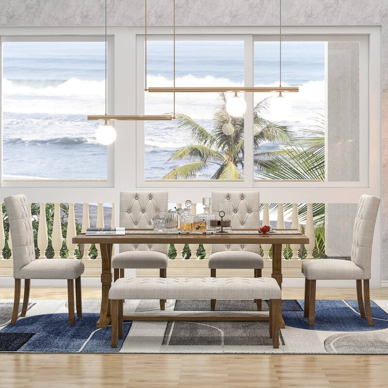 6-Piece Farmhouse Dining Table Set 72" Wood Rectangular Table, 4 Upholstered Chairs with Bench